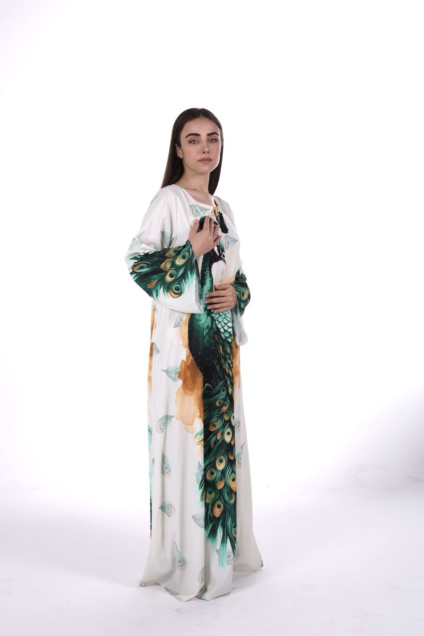 Peacock Print Chiffon Jalabiya – Soft Elegance with an Artistic Touch