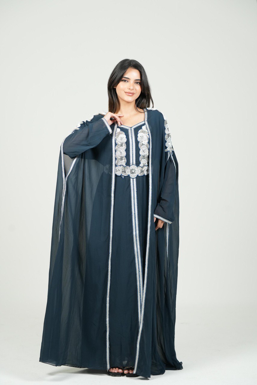 Embroidered Chiffon Kaftan with Sequin Details and Belt