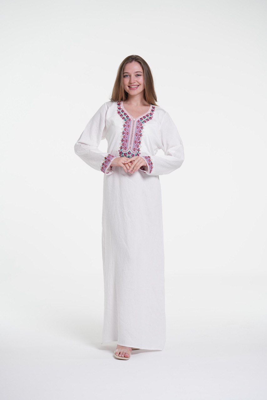 Embroidered Cotton Linen Jalabiya with Strass Detail