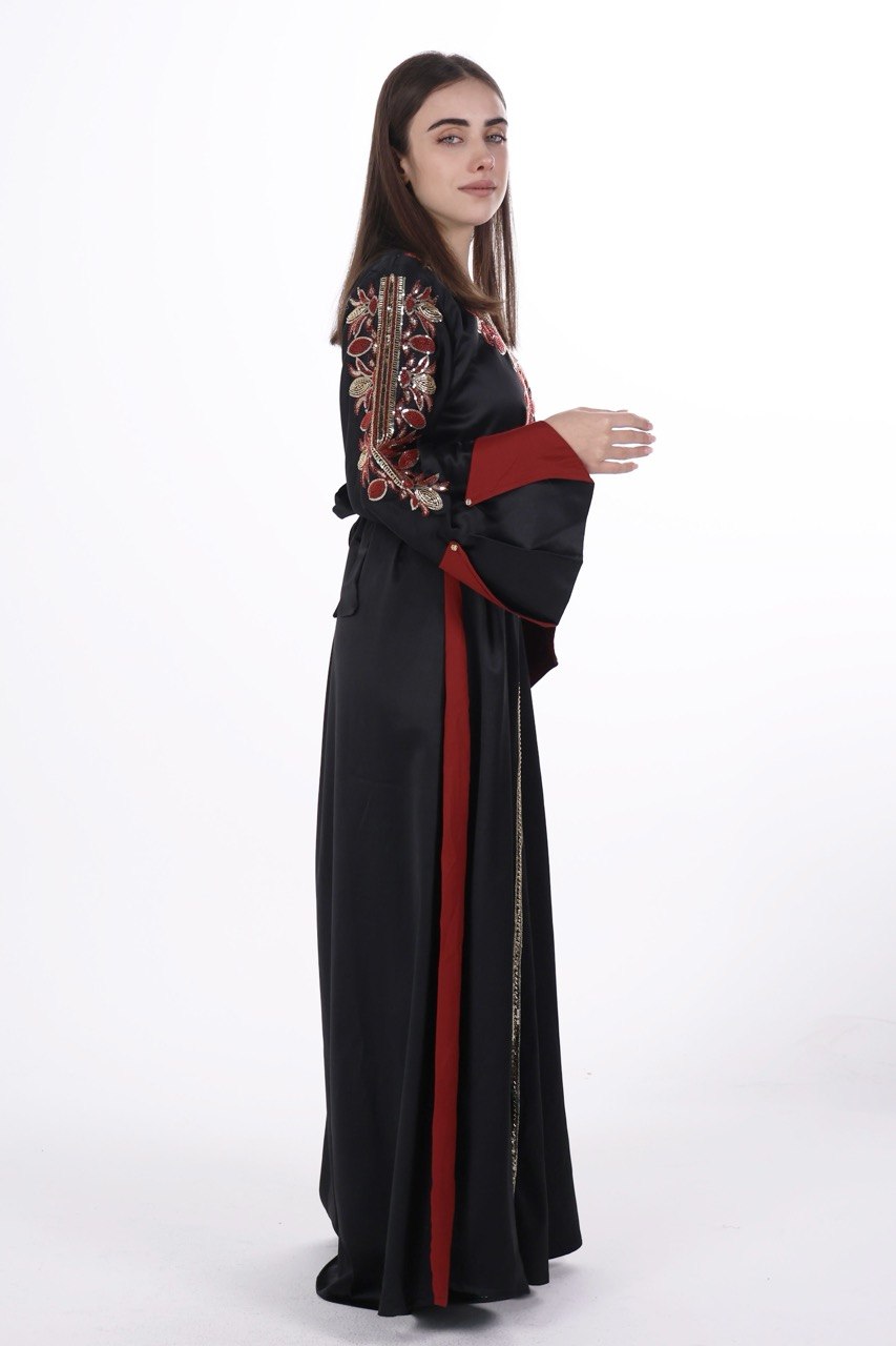 Hand-worked Satin Jalabiya with Contrast Details and Belt