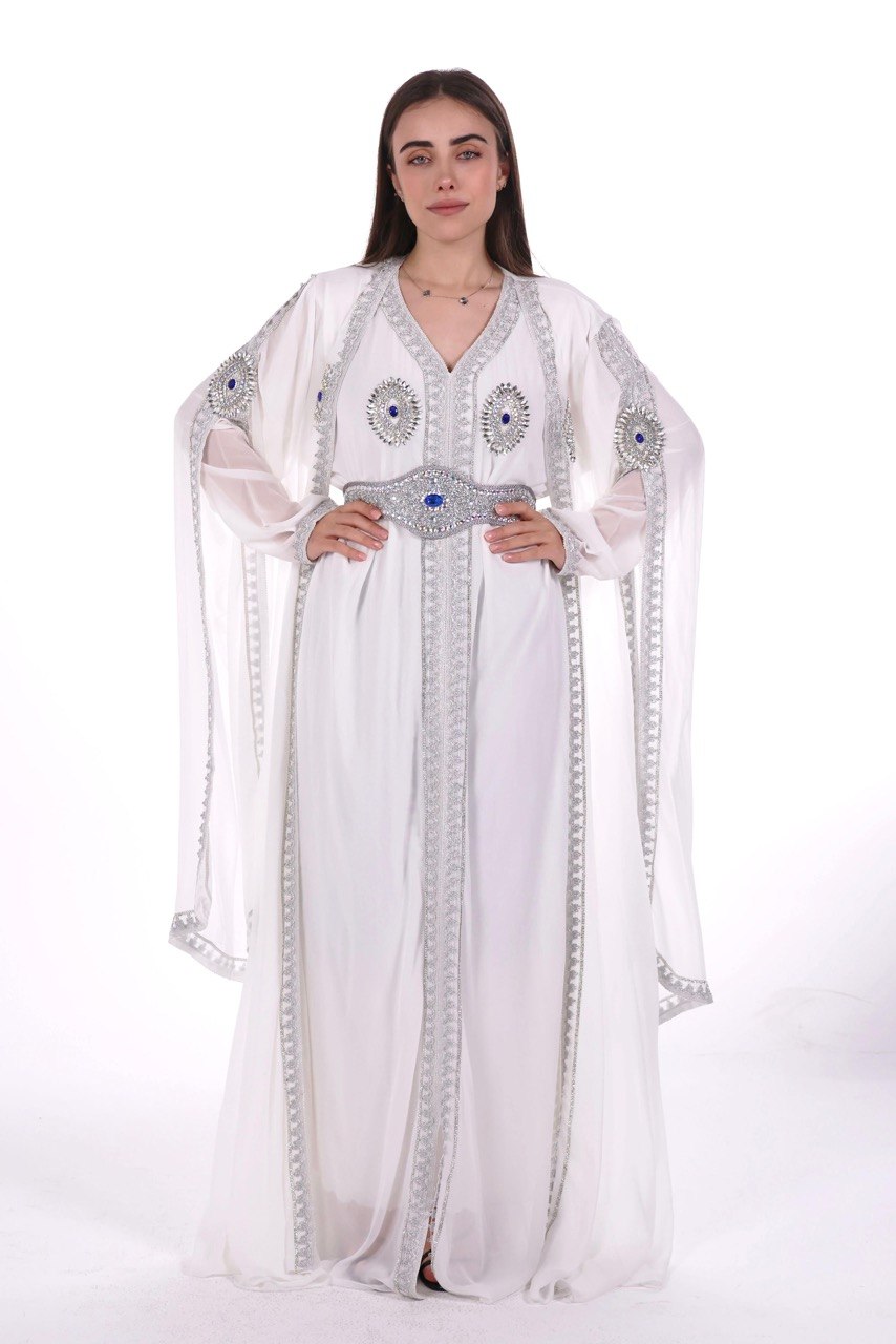 Crystal Embroidered Jalabiya with Long Sleeves and Belt