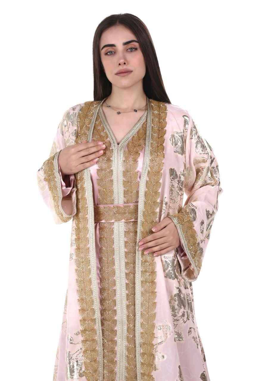 Hand-worked Brocade Satin Kaftan with Belt