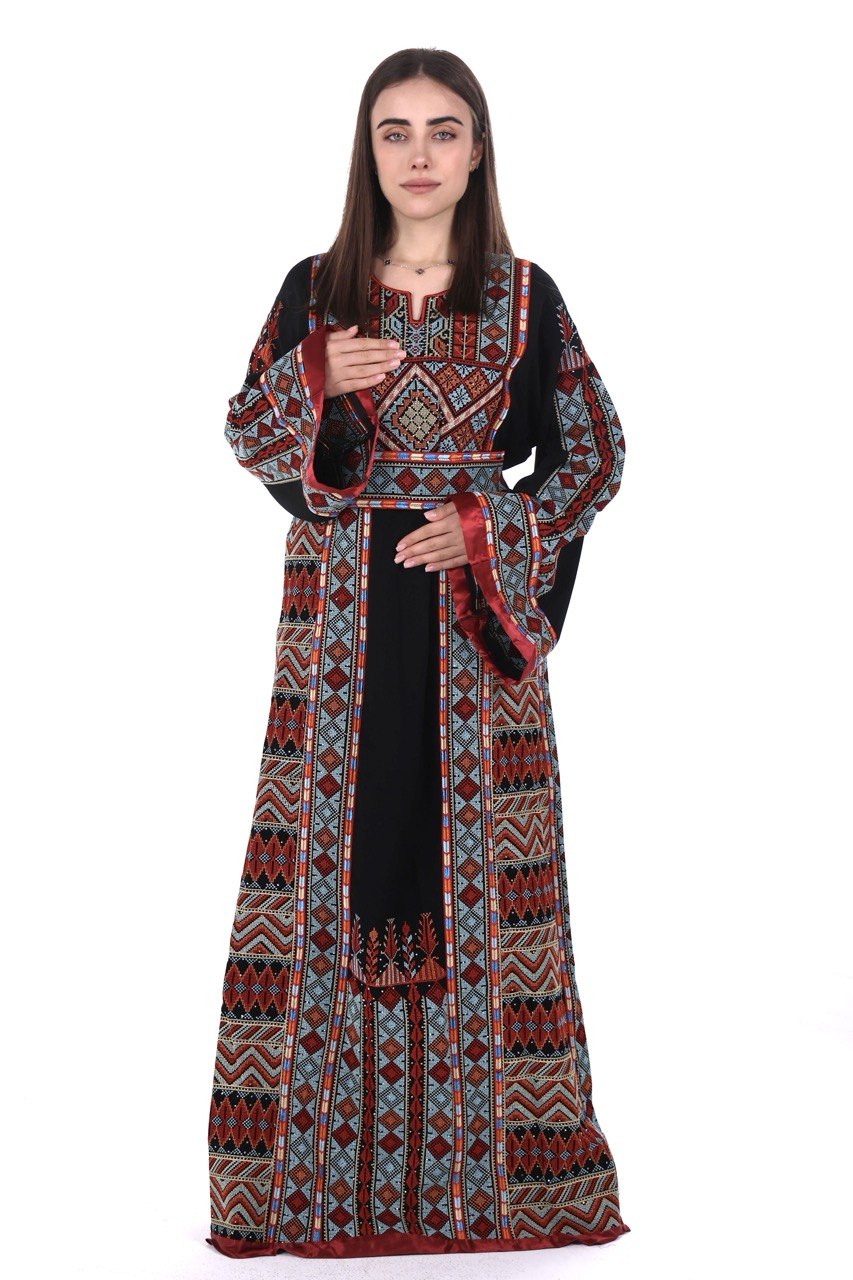 Embroidered Palestinian Linen Thobe with Satin Details