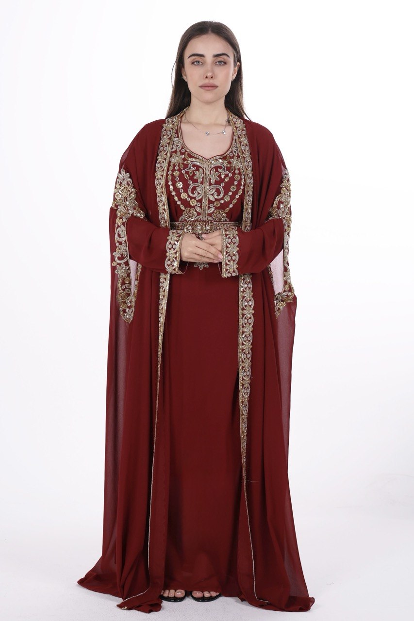Hand-worked Gold Trim Chiffon Kaftan