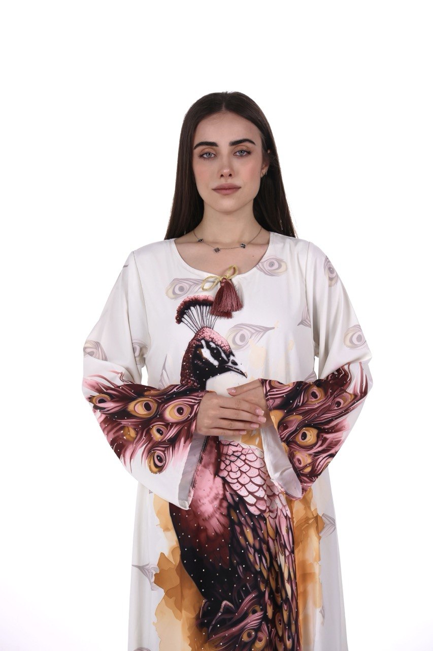 Peacock Print Chiffon Jalabiya – Soft Elegance with an Artistic Touch