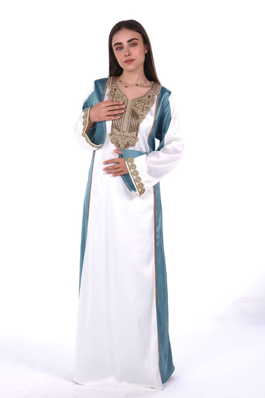 Two-Tone Satin Jalabiya with Hand-Embroidered Detailing