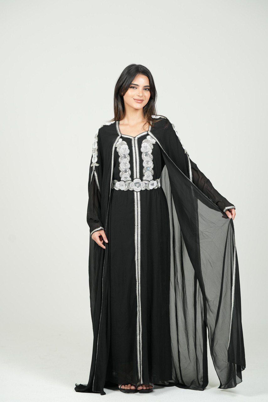 Embroidered Chiffon Kaftan with Sequin Details and Belt