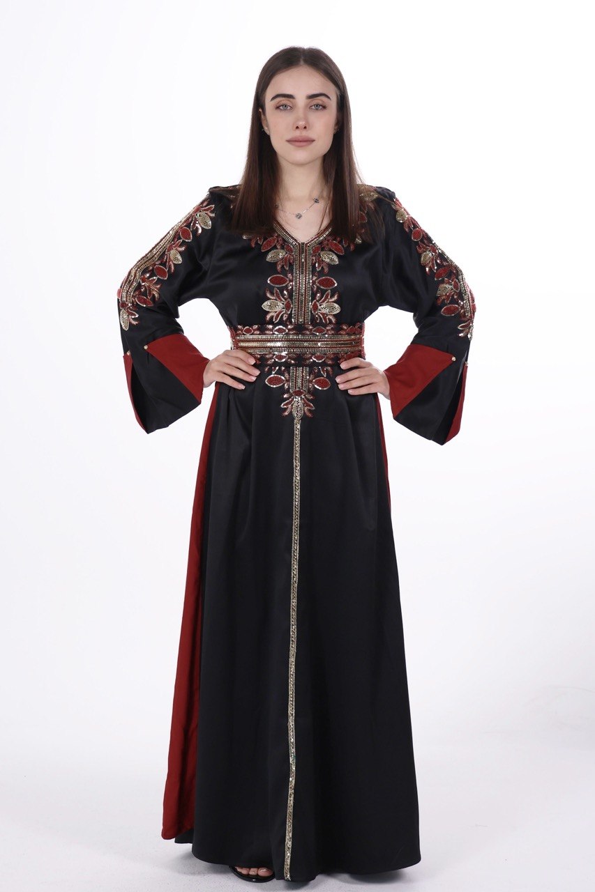 Hand-worked Satin Jalabiya with Contrast Details and Belt