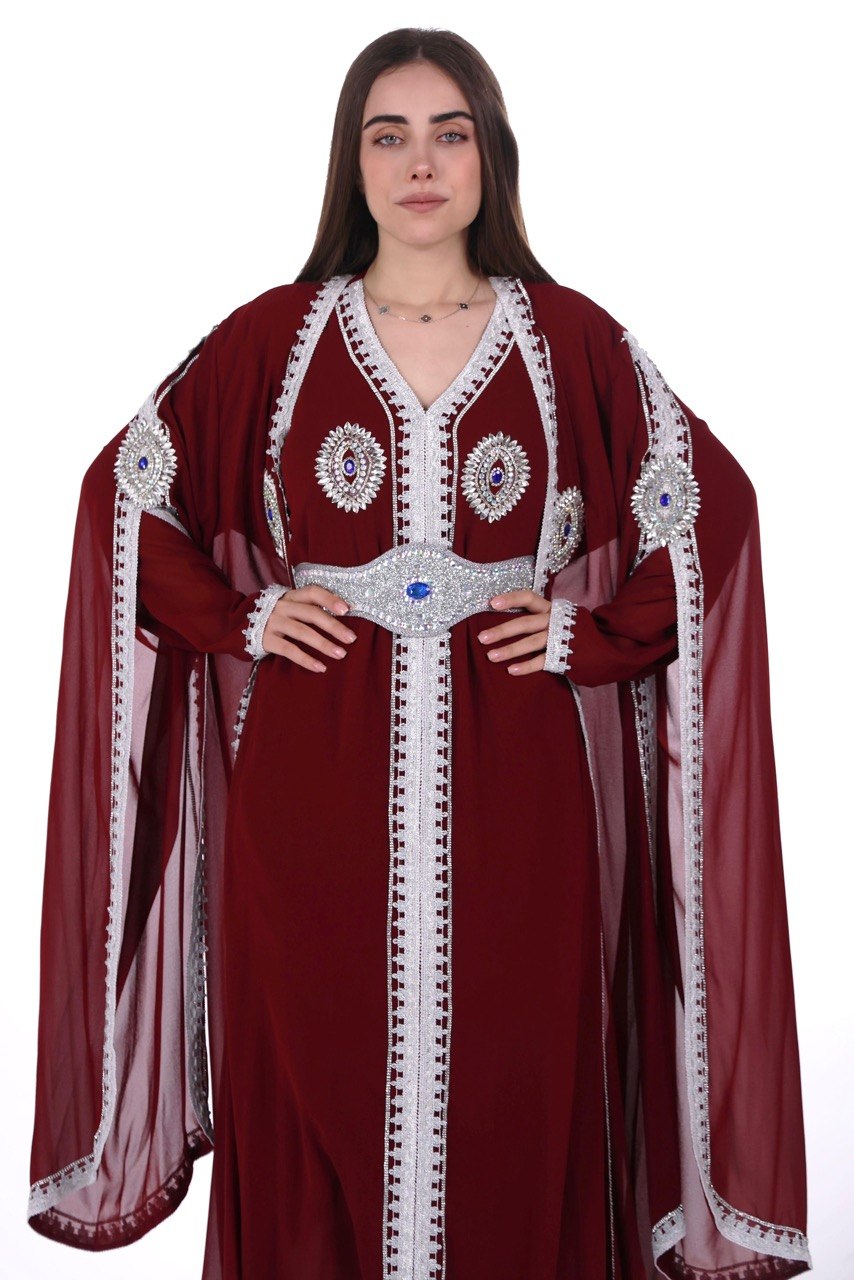 Crystal Embroidered Jalabiya with Long Sleeves and Belt