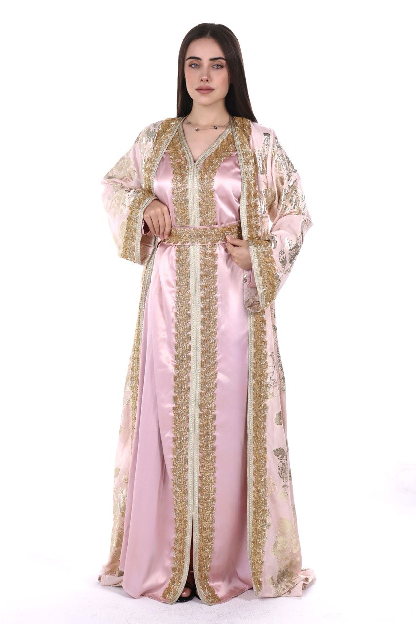Hand-worked Brocade Satin Kaftan with Belt