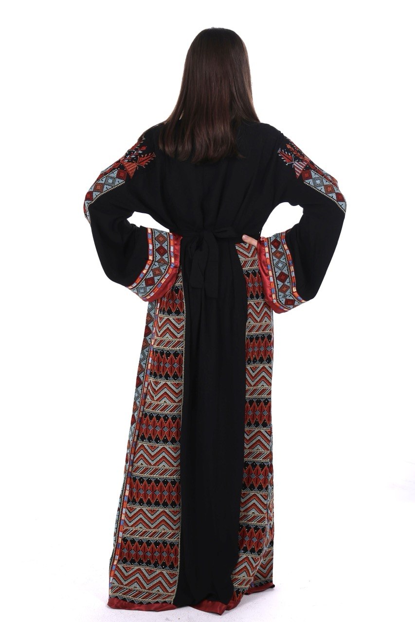 Embroidered Palestinian Linen Thobe with Satin Details