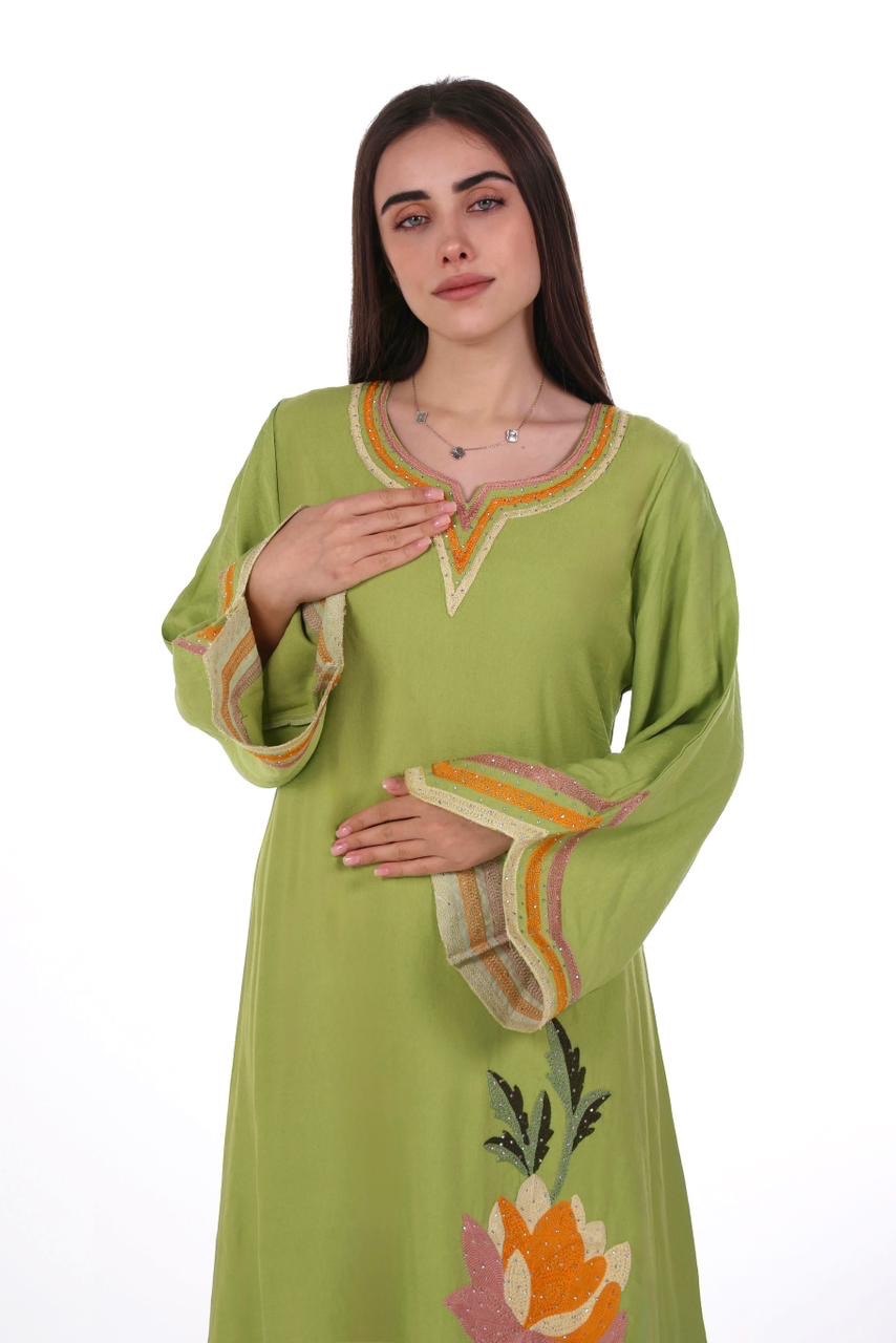 Linen Jalabiya with Artistic Floral Embroidery