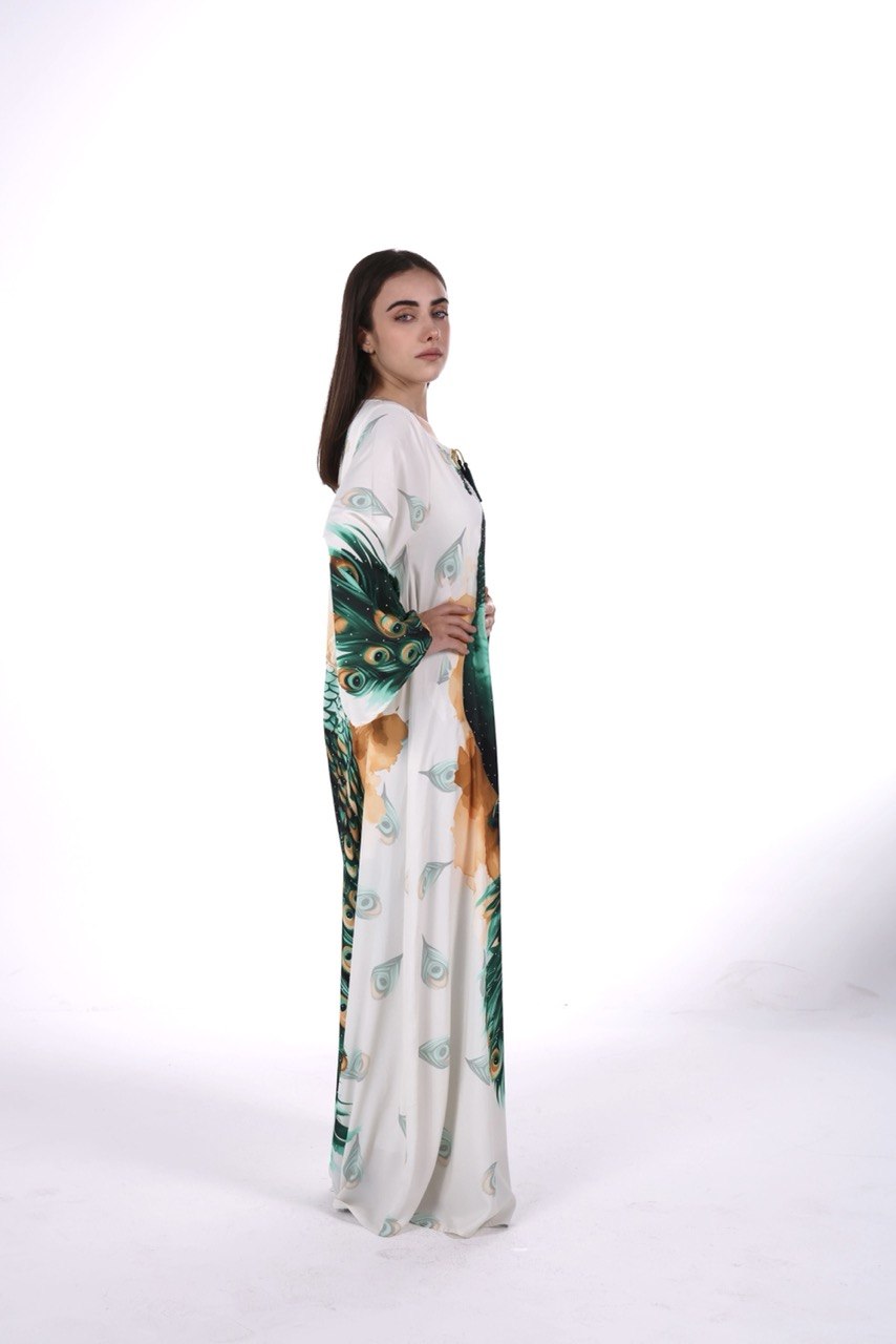 Peacock Print Chiffon Jalabiya – Soft Elegance with an Artistic Touch