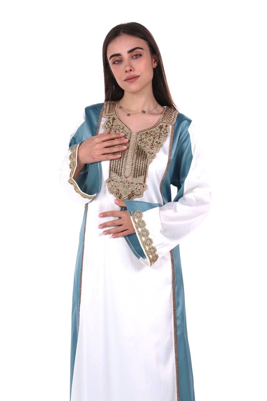 Two-Tone Satin Jalabiya with Hand-Embroidered Detailing