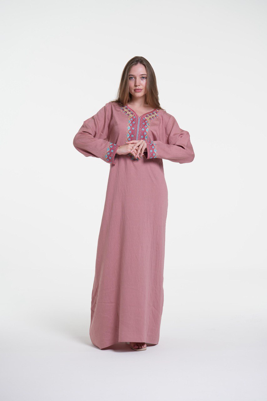 Embroidered Cotton Linen Jalabiya with Strass Detail