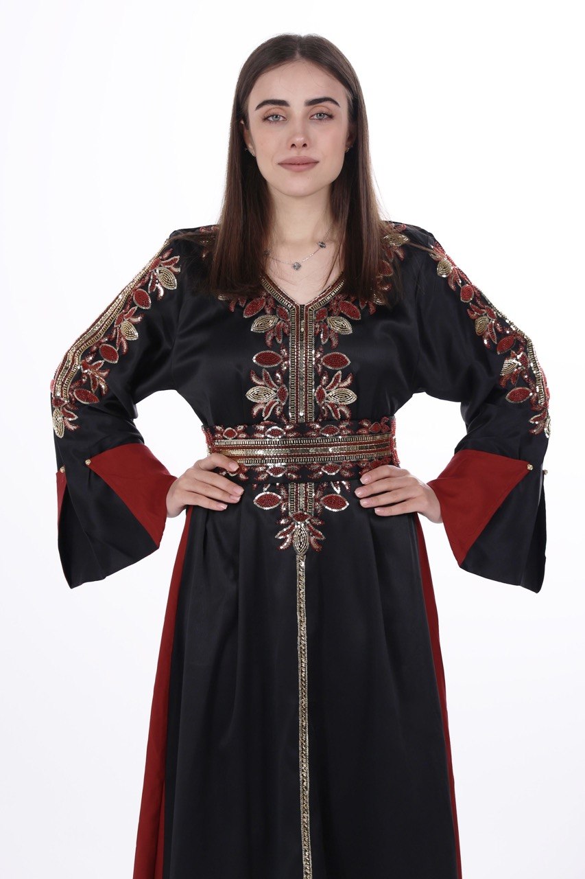 Hand-worked Satin Jalabiya with Contrast Details and Belt