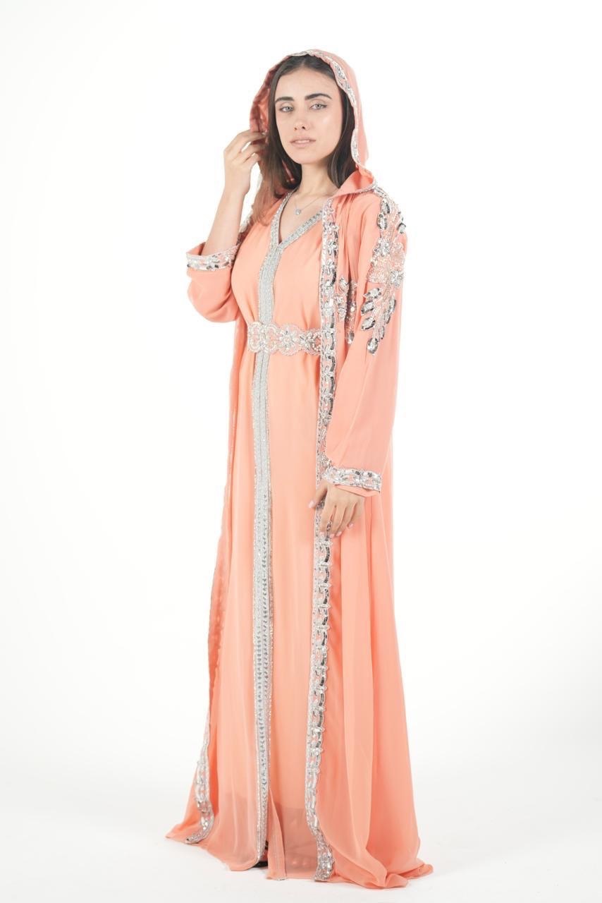 Embroidered Chiffon Jalabiya with Hood and Belt