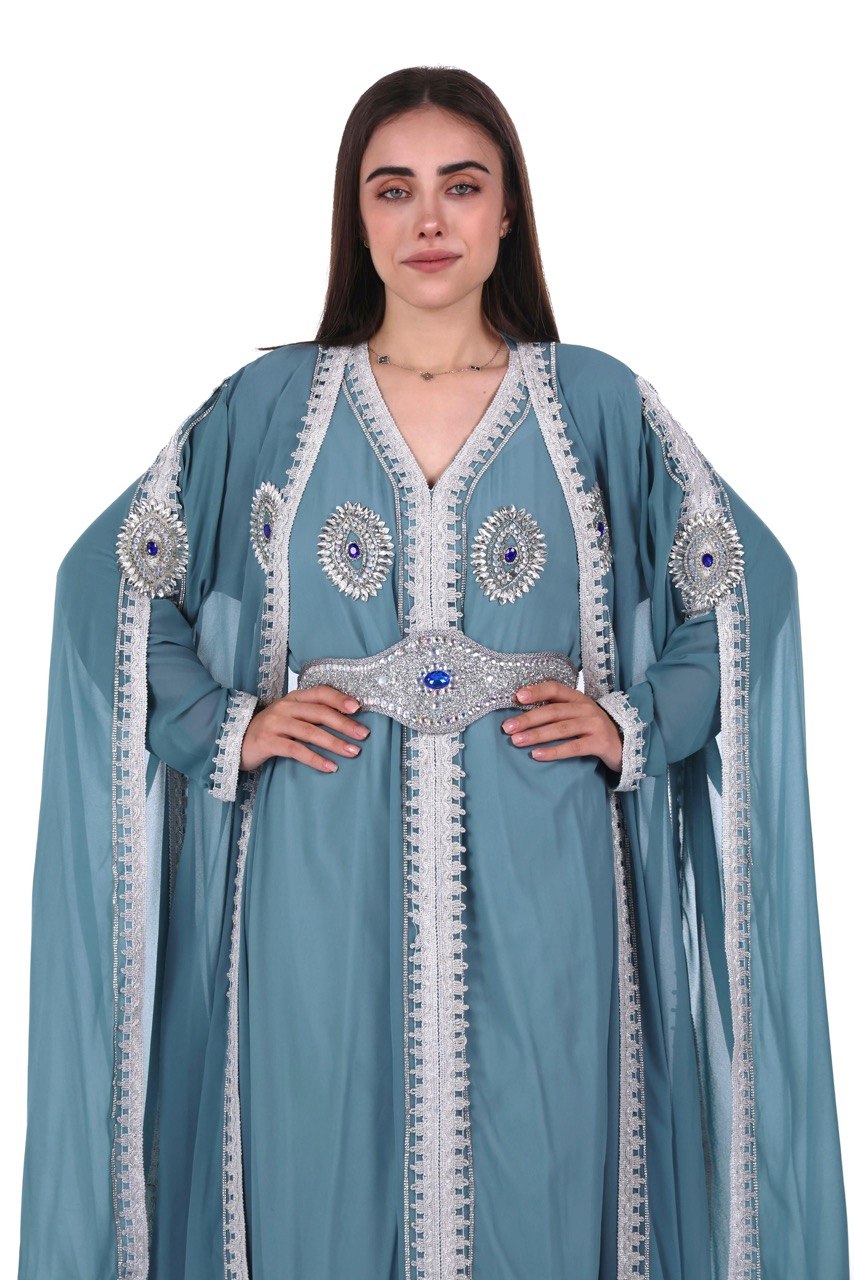 Crystal Embroidered Jalabiya with Long Sleeves and Belt
