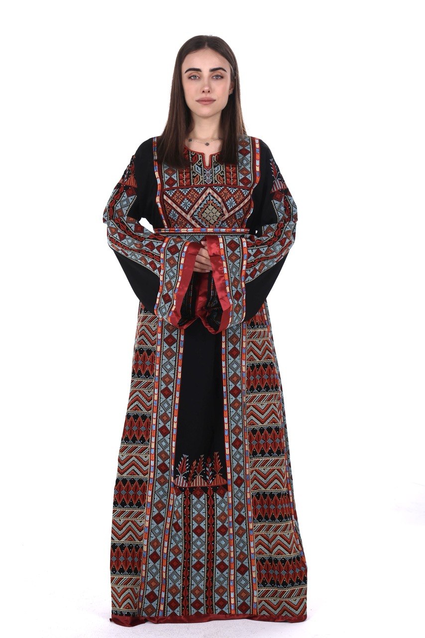 Embroidered Palestinian Linen Thobe with Satin Details