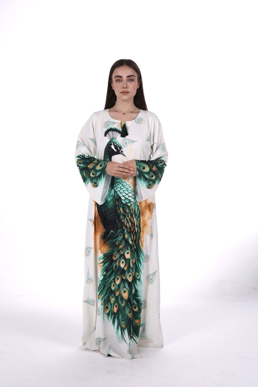 Peacock Print Chiffon Jalabiya – Soft Elegance with an Artistic Touch
