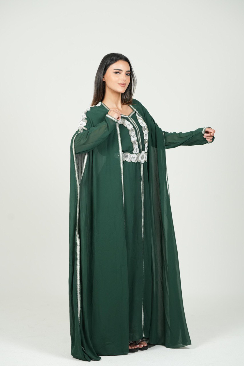 Embroidered Chiffon Kaftan with Sequin Details and Belt