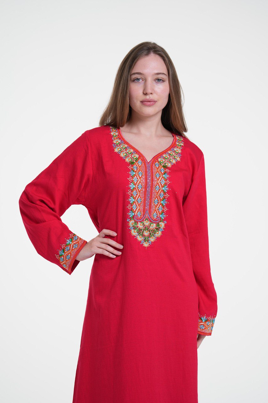 Embroidered Cotton Linen Jalabiya with Strass Detail