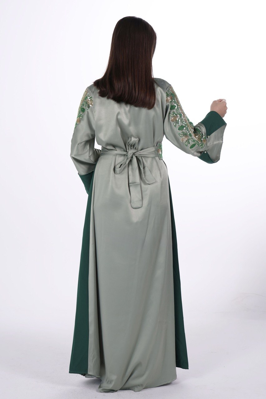 Hand-worked Satin Jalabiya with Contrast Details and Belt