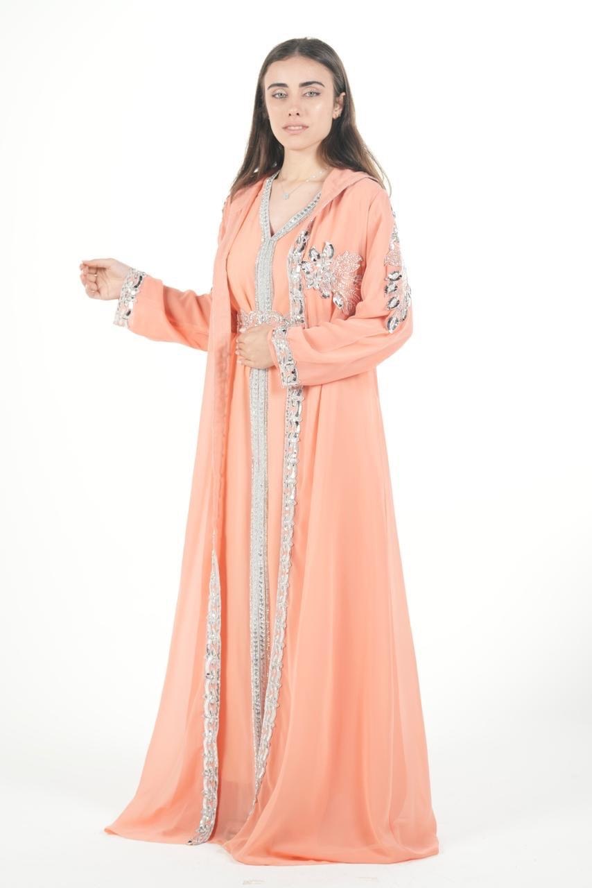Embroidered Chiffon Jalabiya with Hood and Belt