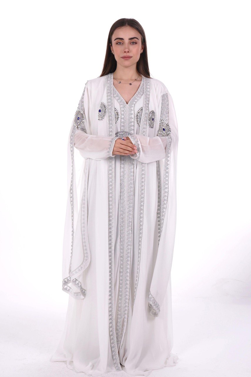 Crystal Embroidered Jalabiya with Long Sleeves and Belt