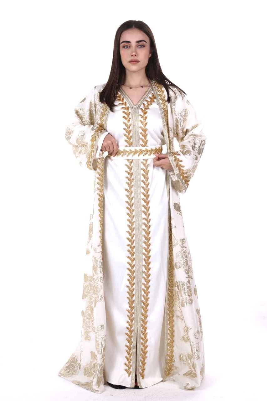 Hand-worked Brocade Satin Kaftan with Belt