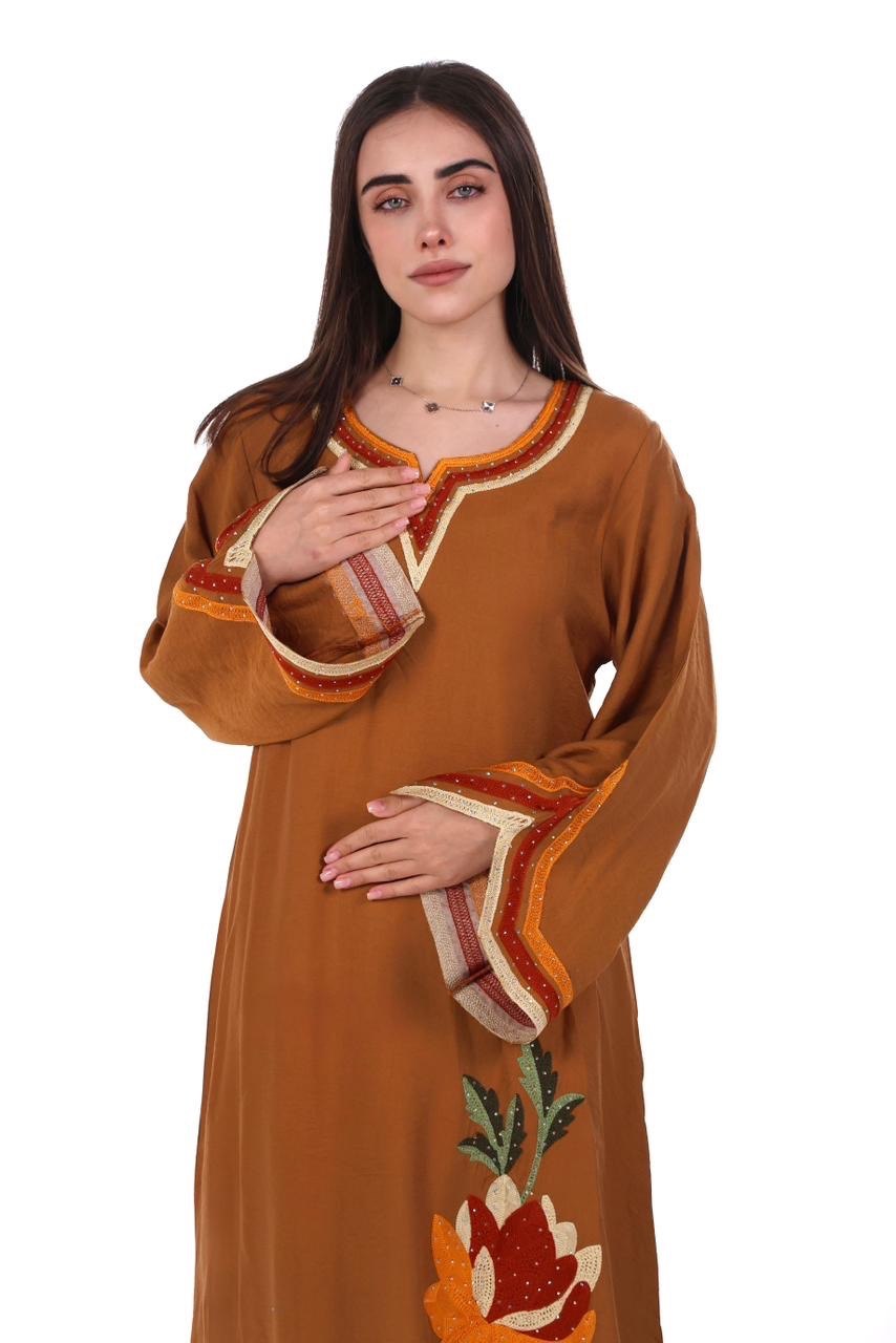 Linen Jalabiya with Artistic Floral Embroidery