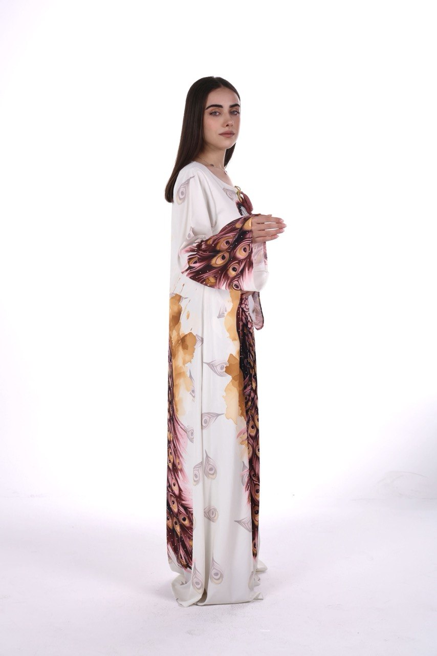 Peacock Print Chiffon Jalabiya – Soft Elegance with an Artistic Touch