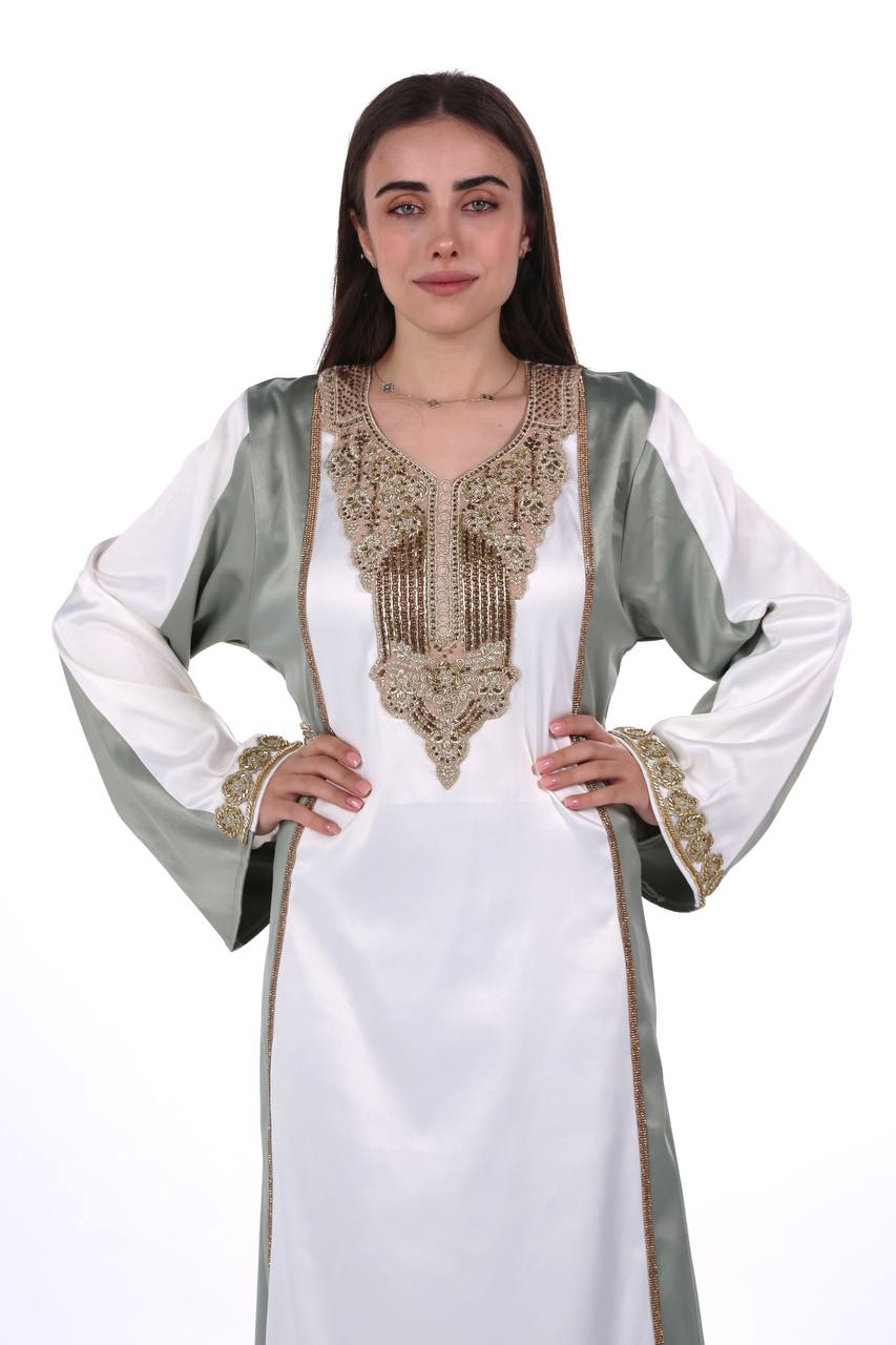Two-Tone Satin Jalabiya with Hand-Embroidered Detailing