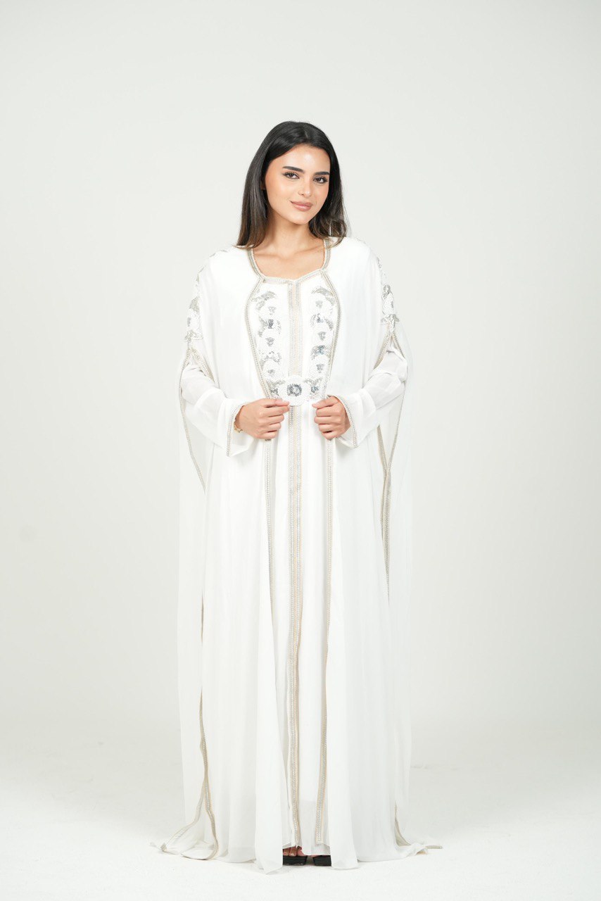 Embroidered Chiffon Kaftan with Sequin Details and Belt