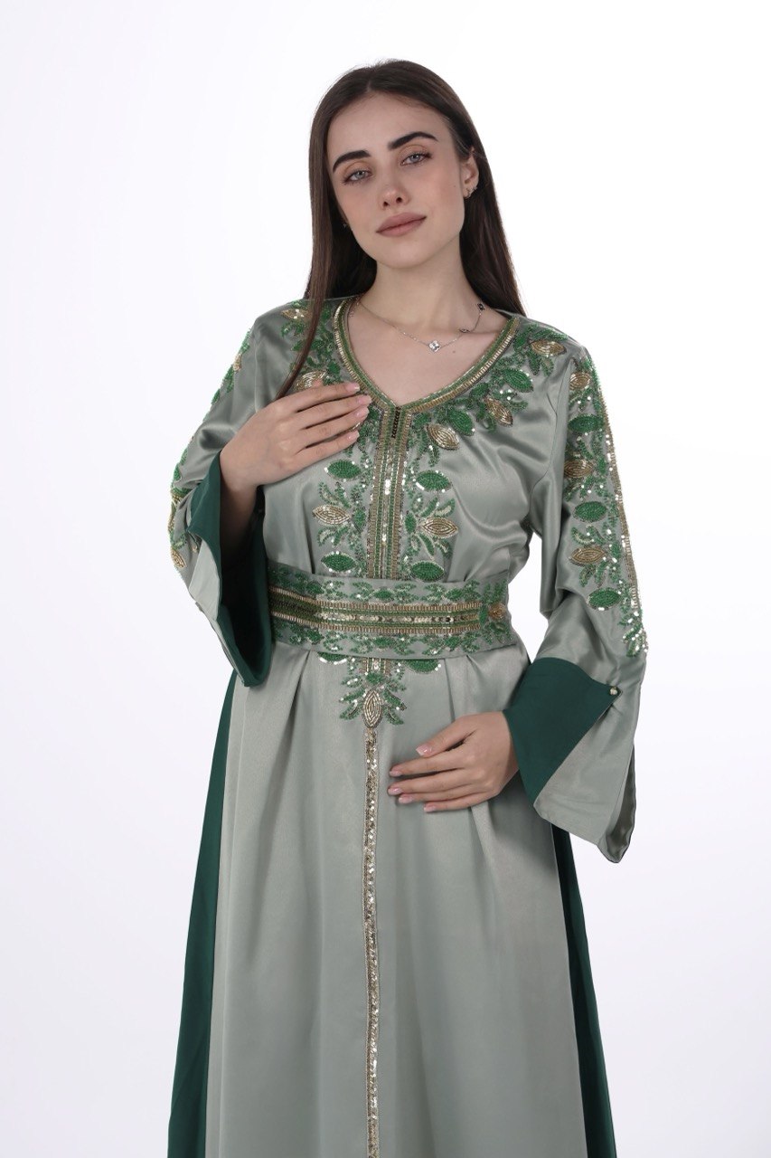 Hand-worked Satin Jalabiya with Contrast Details and Belt