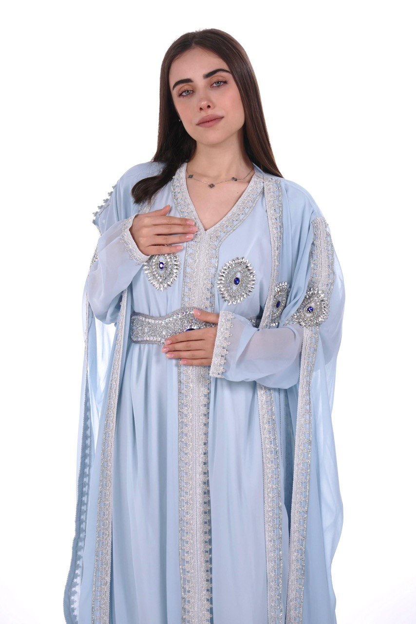Crystal Embroidered Jalabiya with Long Sleeves and Belt