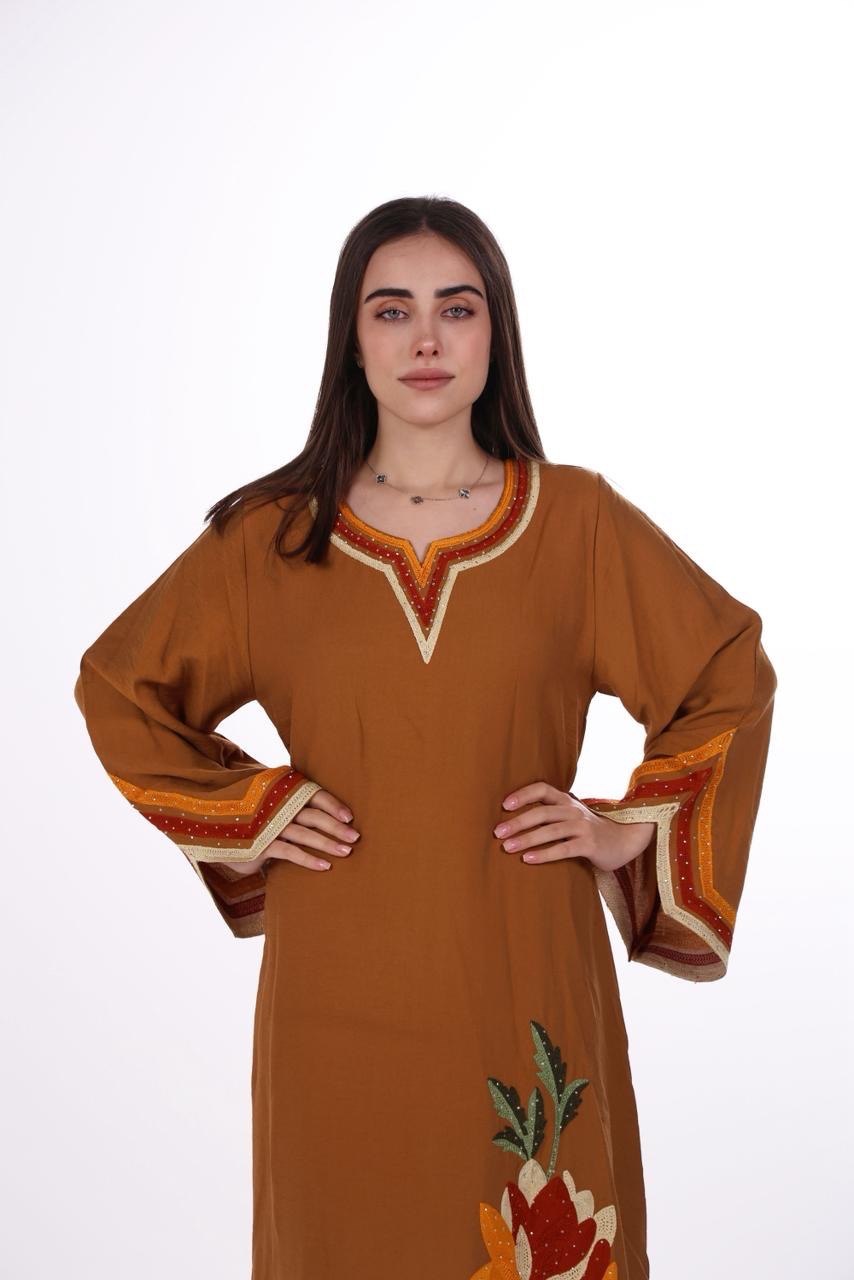 Linen Jalabiya with Artistic Floral Embroidery