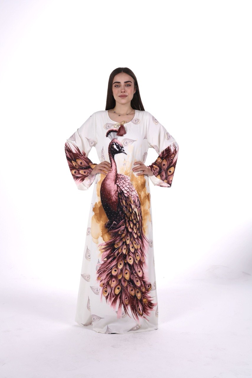 Peacock Print Chiffon Jalabiya – Soft Elegance with an Artistic Touch