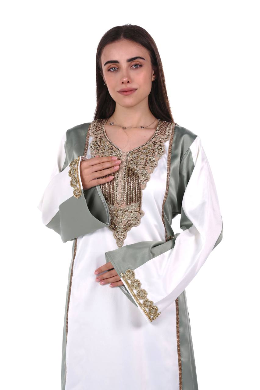 Two-Tone Satin Jalabiya with Hand-Embroidered Detailing