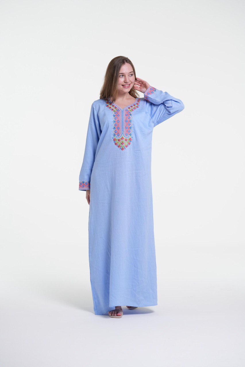 Embroidered Cotton Linen Jalabiya with Strass Detail
