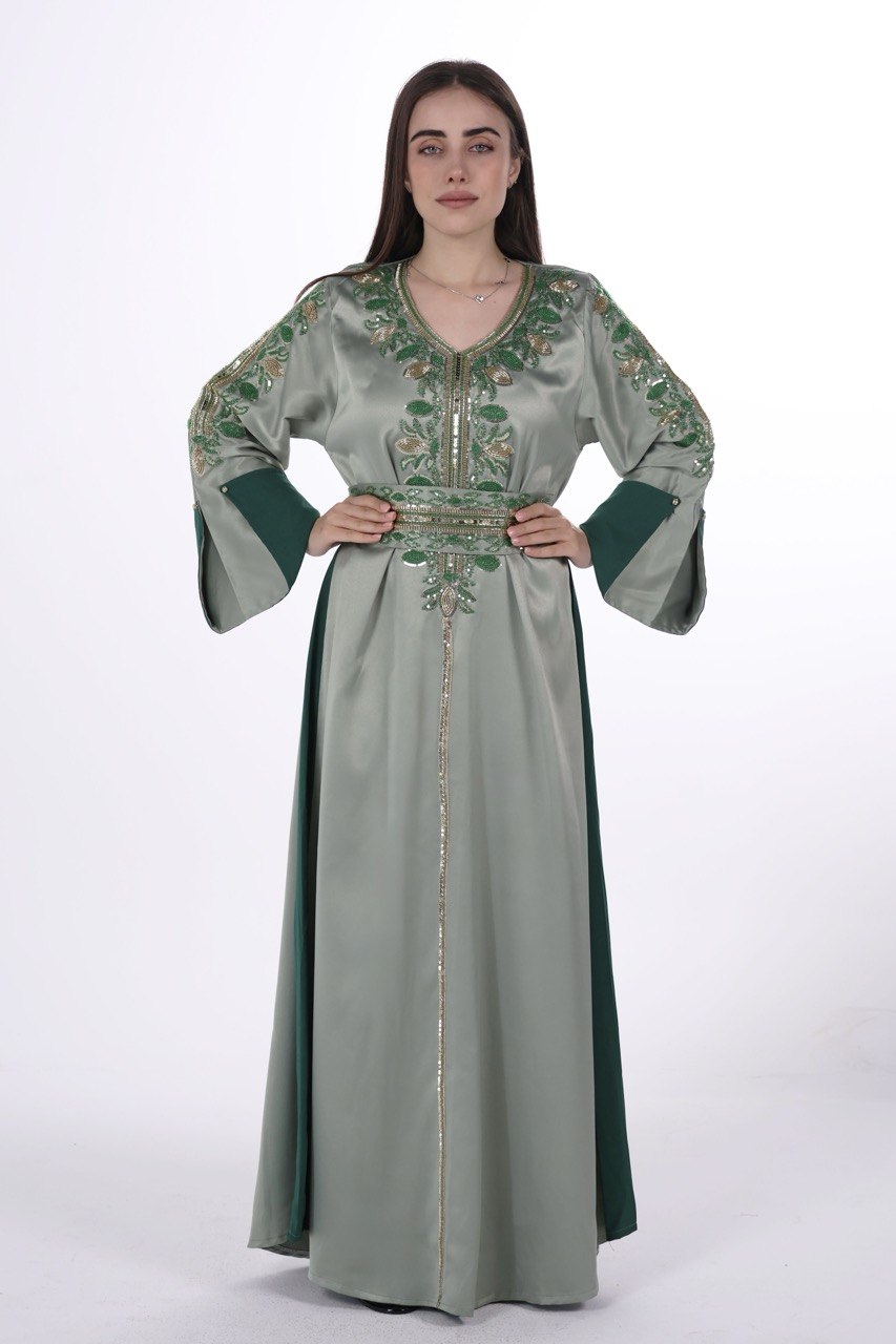 Hand-worked Satin Jalabiya with Contrast Details and Belt