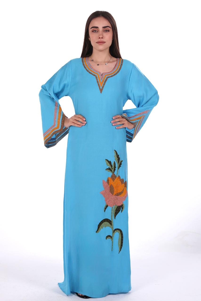 Linen Jalabiya with Artistic Floral Embroidery