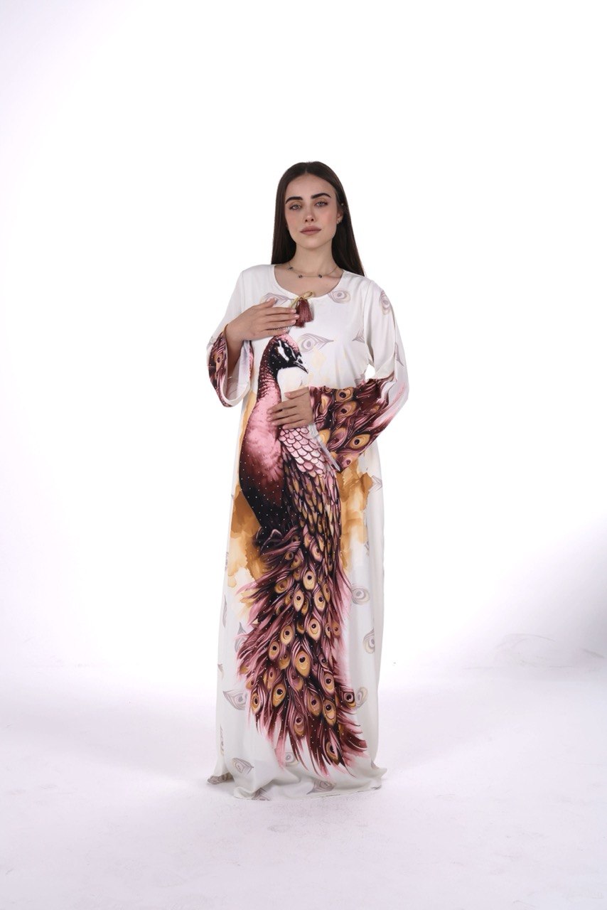Peacock Print Chiffon Jalabiya – Soft Elegance with an Artistic Touch