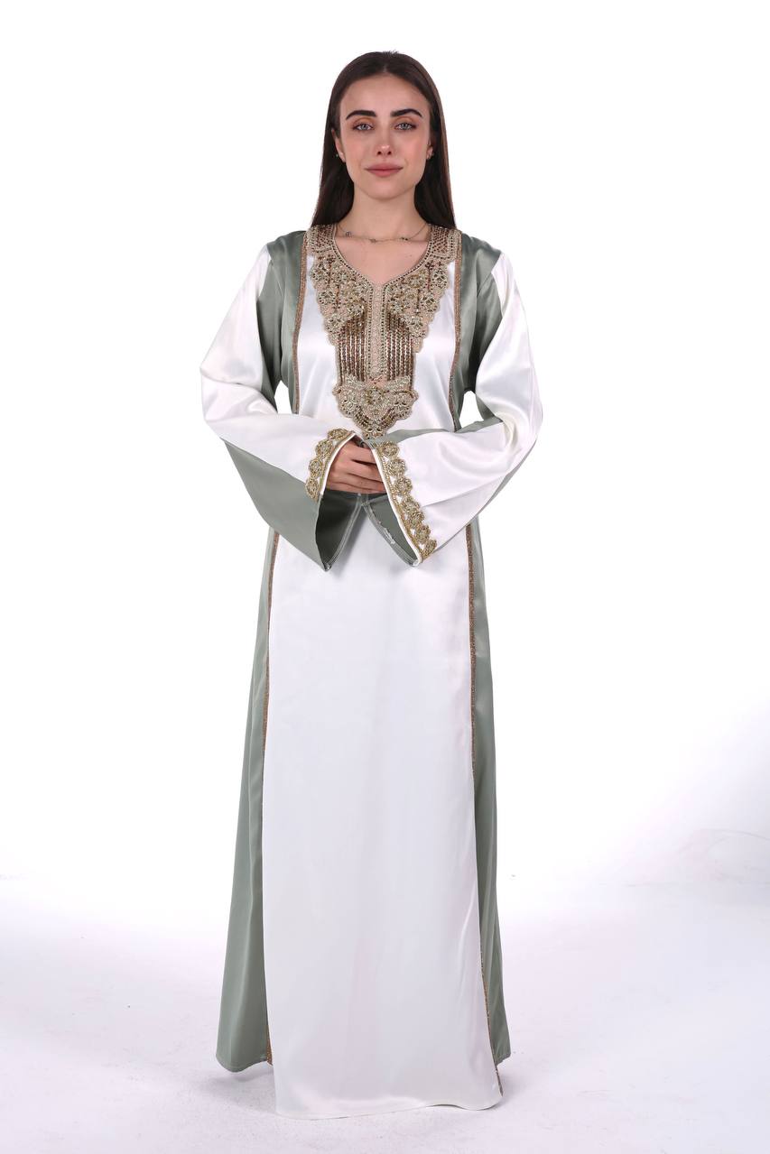 Two-Tone Satin Jalabiya with Hand-Embroidered Detailing