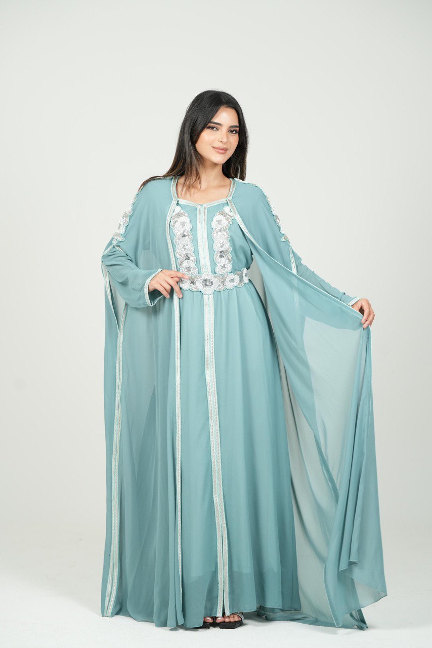 Embroidered Chiffon Kaftan with Sequin Details and Belt