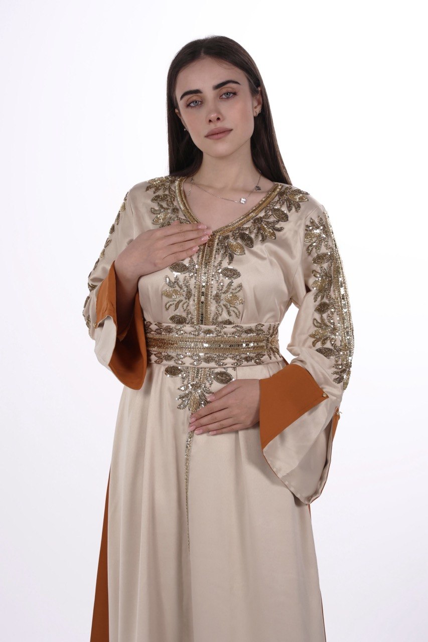 Hand-worked Satin Jalabiya with Contrast Details and Belt