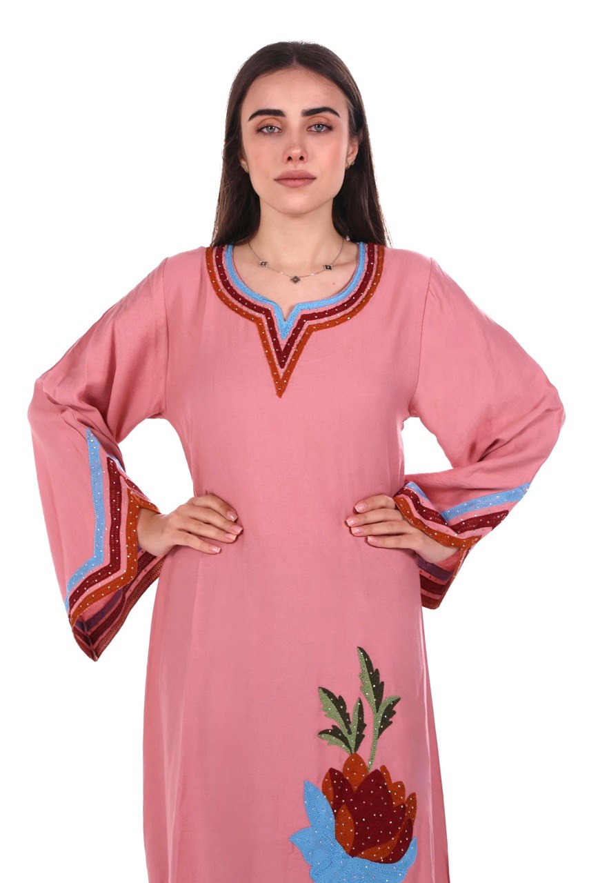 Linen Jalabiya with Artistic Floral Embroidery