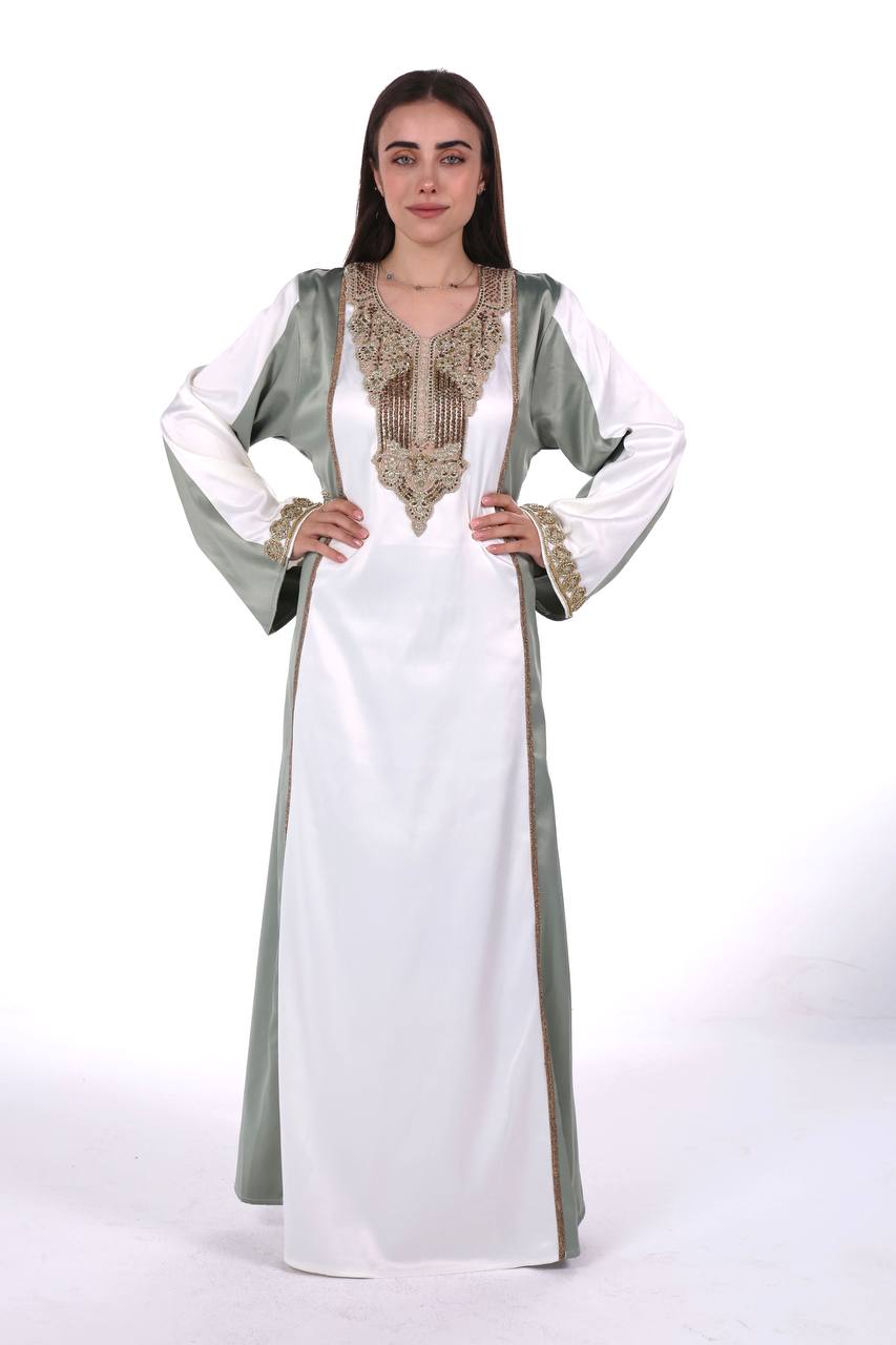 Two-Tone Satin Jalabiya with Hand-Embroidered Detailing