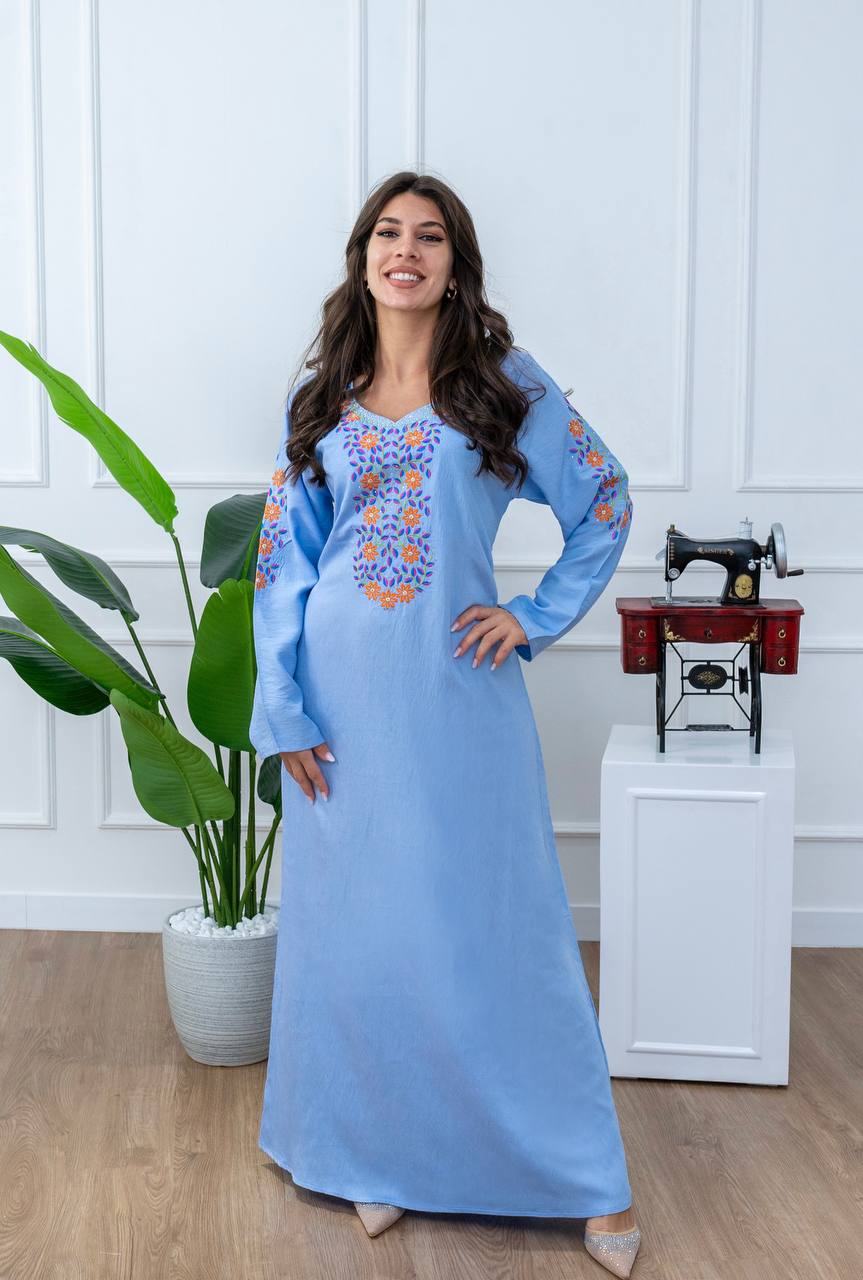 جلابية قطن كتان مطرزة