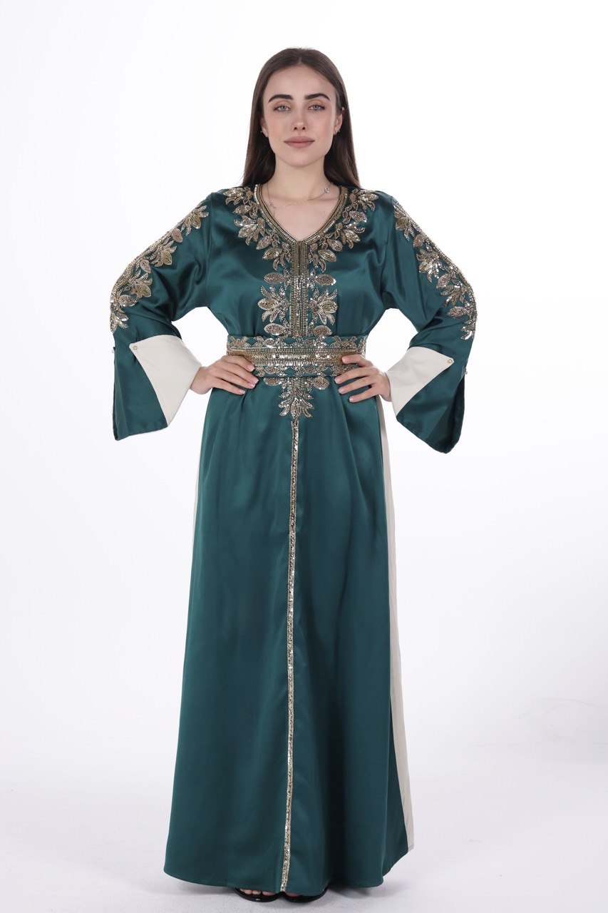 Hand-worked Satin Jalabiya with Contrast Details and Belt